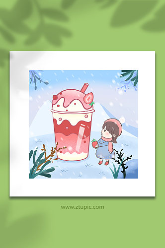 下雪天女孩冬季奶茶人物插画