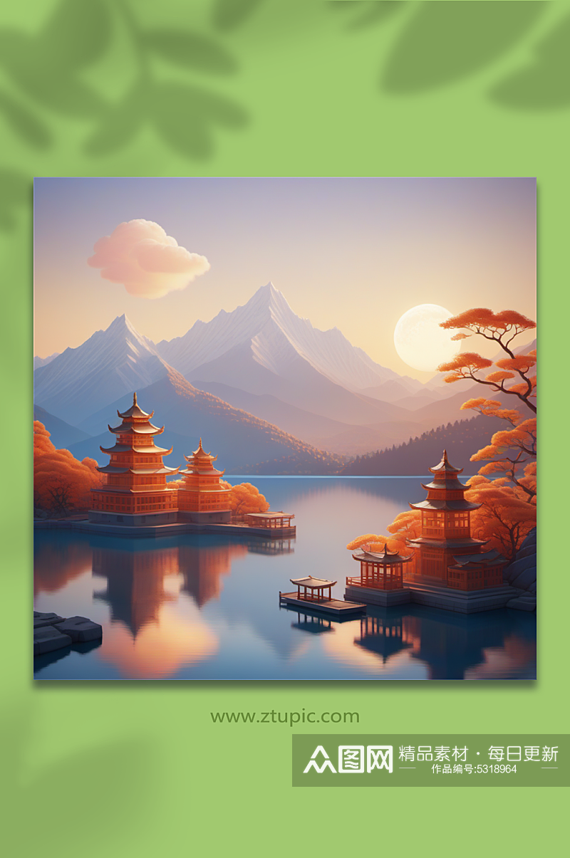 中国风山水水榭数字艺术图片素材