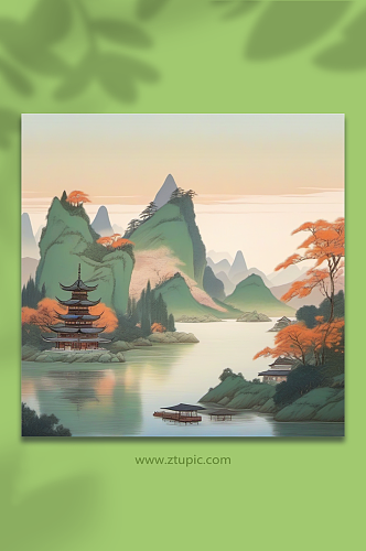 中国风山水水榭数字艺术图片