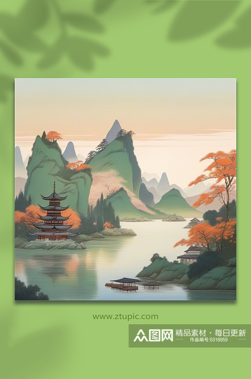 中国风山水水榭数字艺术图片素材
