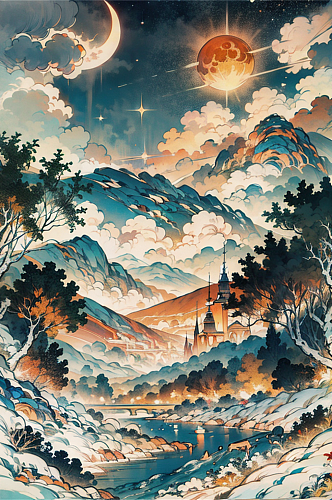 水彩山水风景数字艺术图片