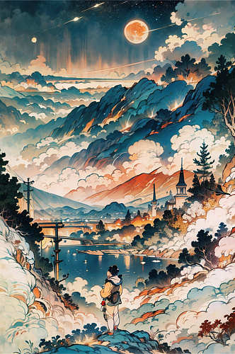 水彩山水风景数字艺术图片