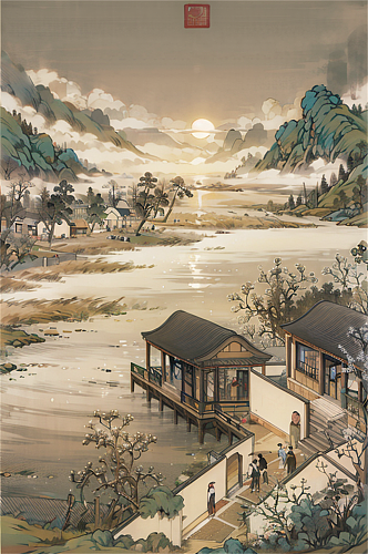 中国风国画风景数字艺术插画