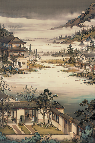 中国风国画风景数字艺术插画