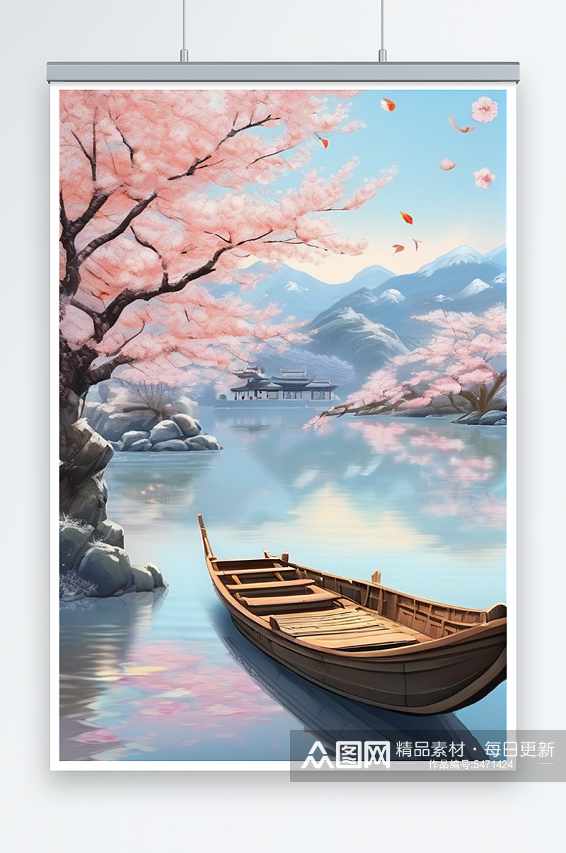 风景数字艺术清新简约小树湖面小船插画素材