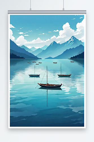 湖上小船风景数字艺术