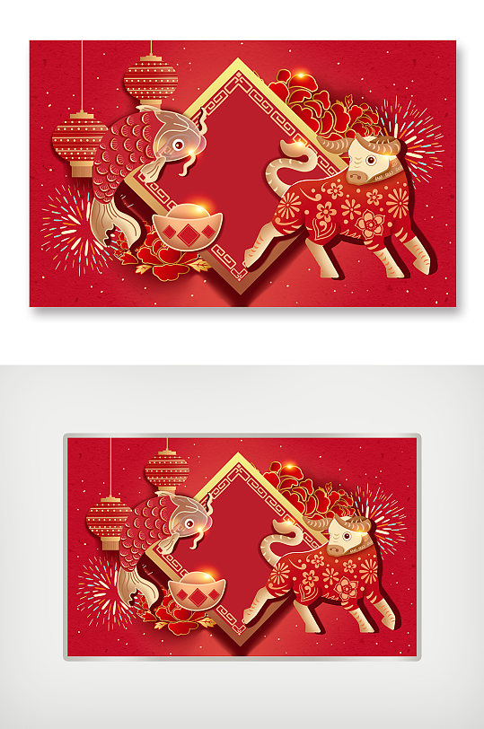 红色卡通手绘新年春节剪纸风牛年插画海报