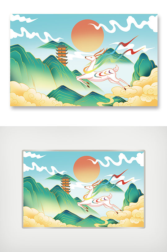 手绘国潮风景白鹿原创插画海报国潮鹿-众图网