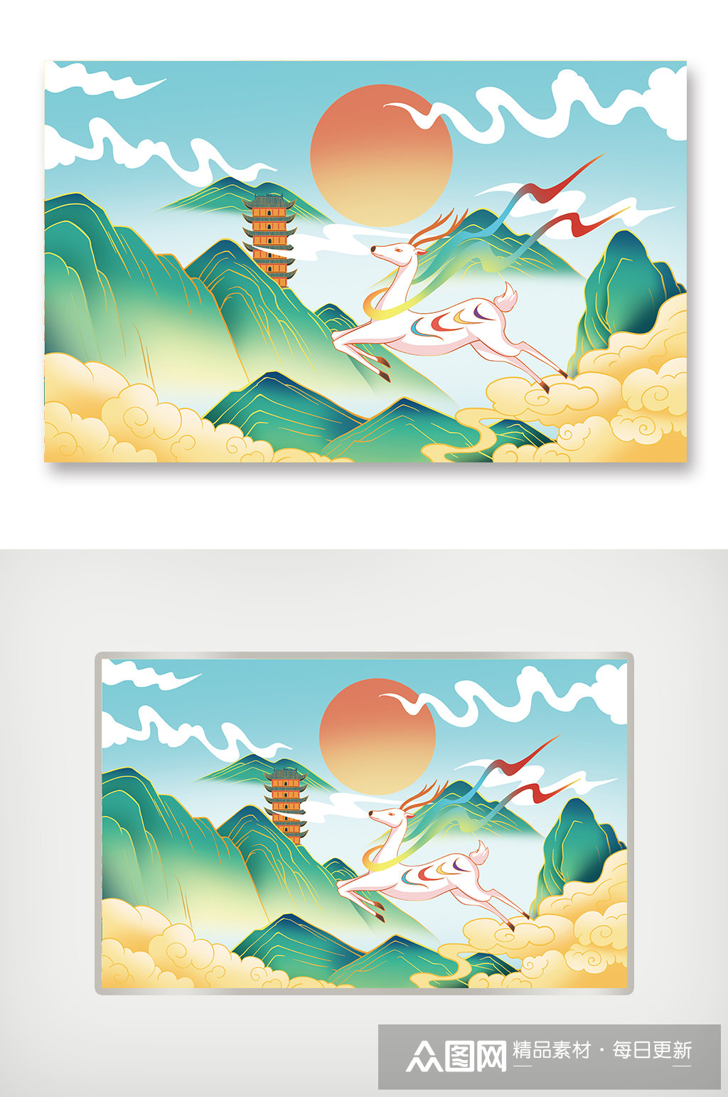 手绘国潮风景白鹿原创插画海报国潮鹿