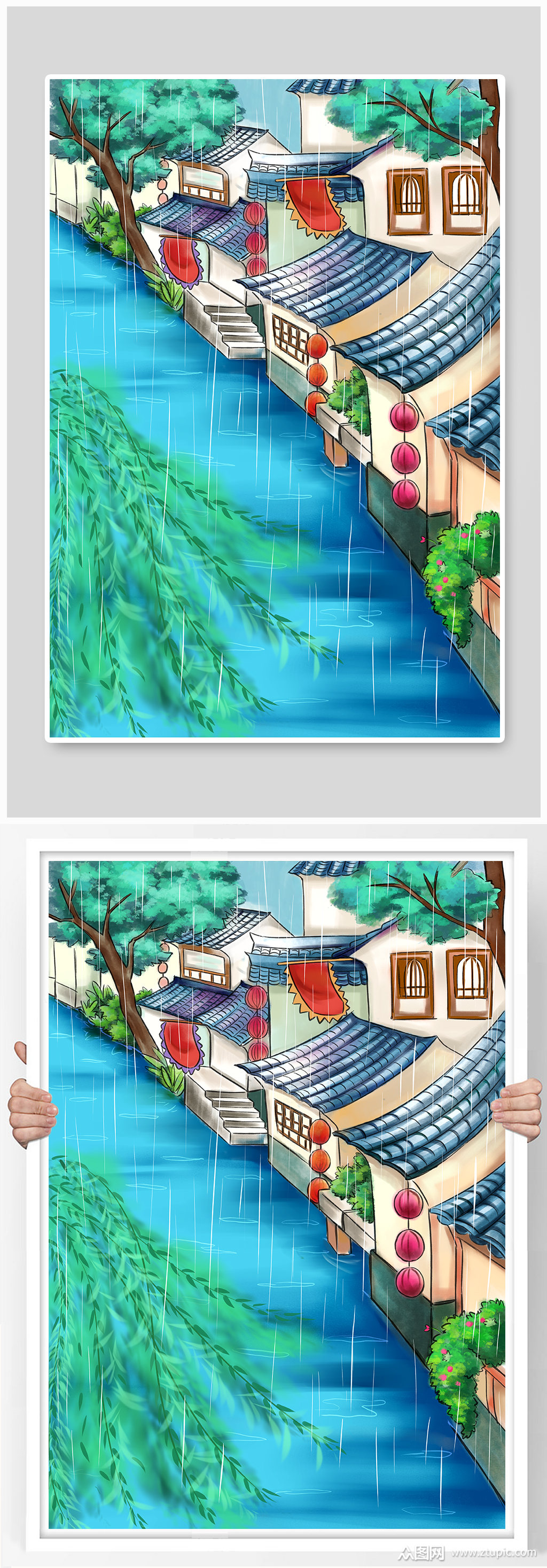 卡通手绘清明节江南古镇模板下载-编号1371800-众图网