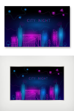扁平线条夜晚城市建筑插画