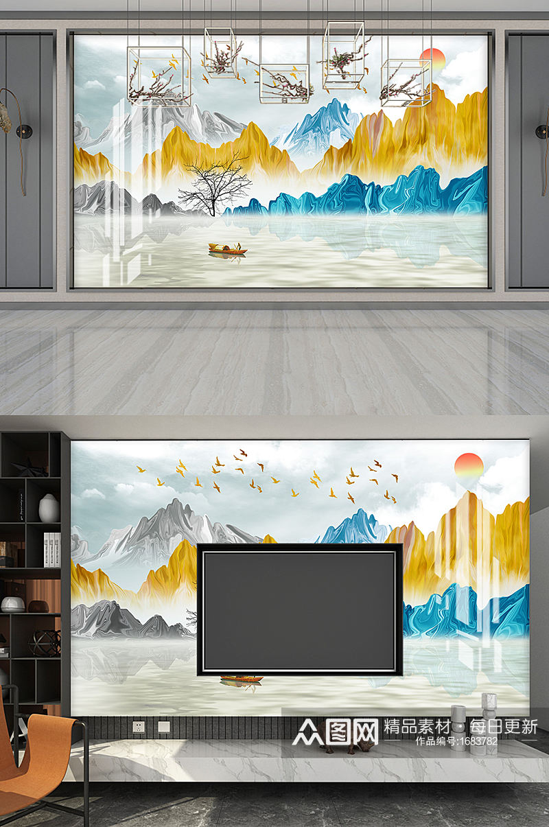 新中式山水风景装饰版画素材