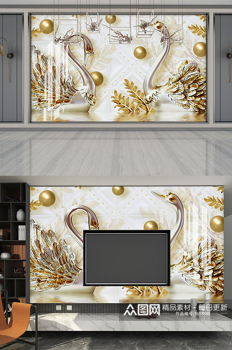奢华天鹅黄金钻石叶子水纹珠宝电视背景墙素材