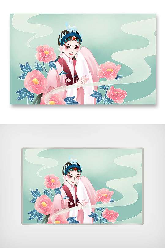 古风手绘戏曲插画花旦与牡丹插画海报