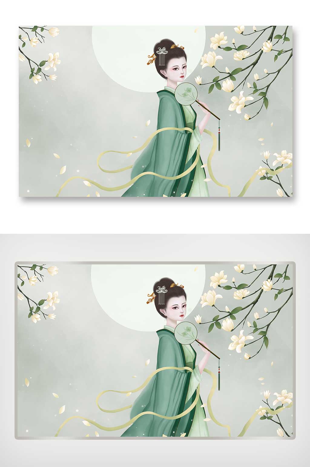 手绘古风花玉兰花古风美女插画素材