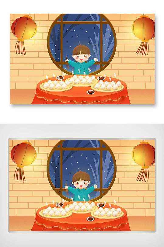 手绘二十四节气冬至吃饺子的可爱男孩插画