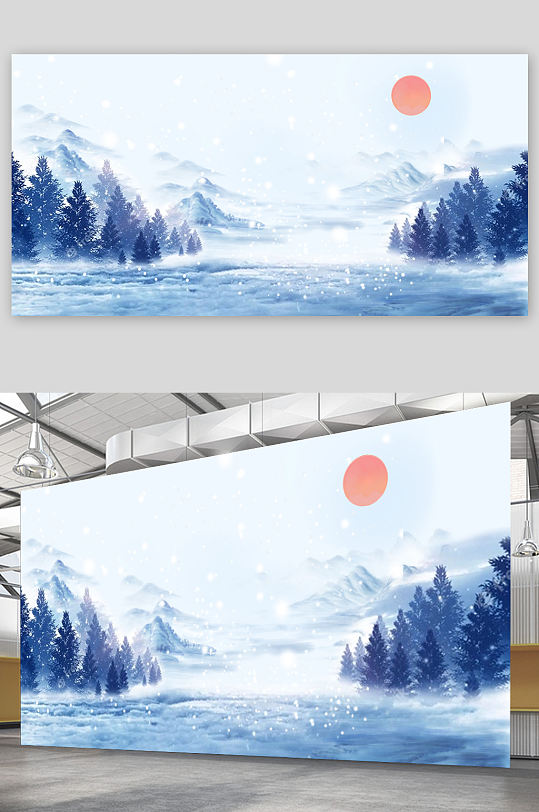 太阳松树雪山雪花冬至展板背景