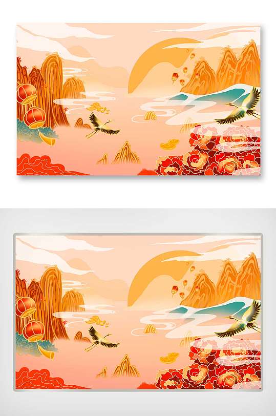 新年国潮山水风景喜庆过年仙鹤牡丹模板插画