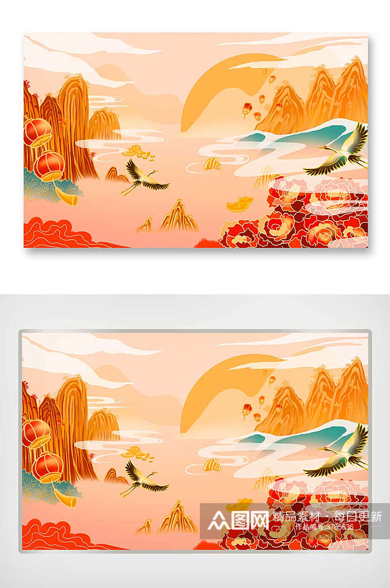 新年国潮山水风景喜庆过年仙鹤牡丹模板插画素材
