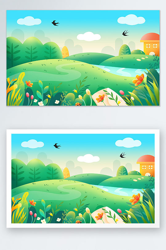 春天花草春风旅游草地风景扁平春天插画-众图网