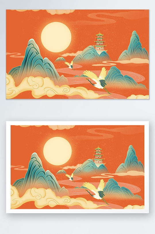 手绘国潮插画山水建筑仙鹤古塔插画-众图网