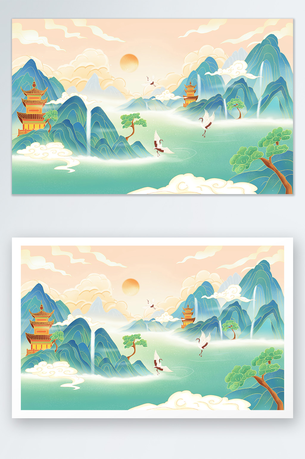 国潮风国潮山水插画海报背景素材