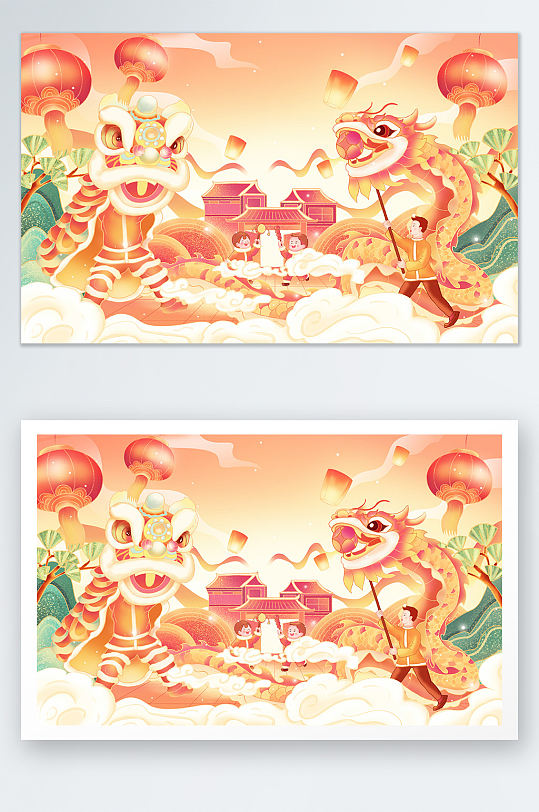 手绘国潮风新年新春春节喜庆插画海报