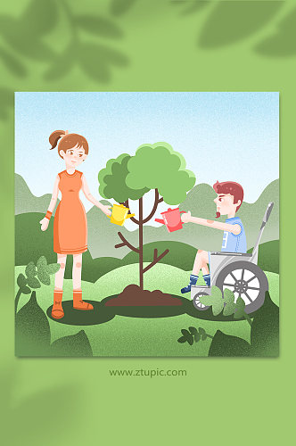 植树节浇水公益活动轮椅少年残疾人人物插画