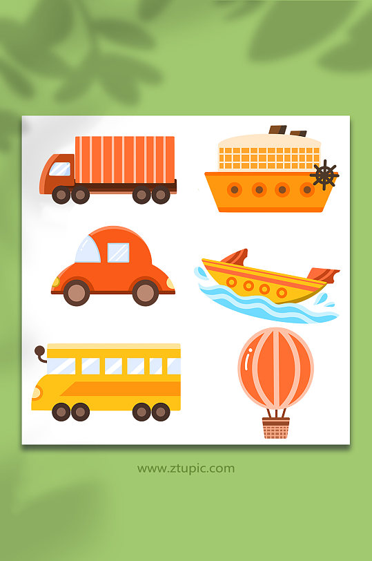 卡车校车轮船热气球海陆空货车交通工具元素插画