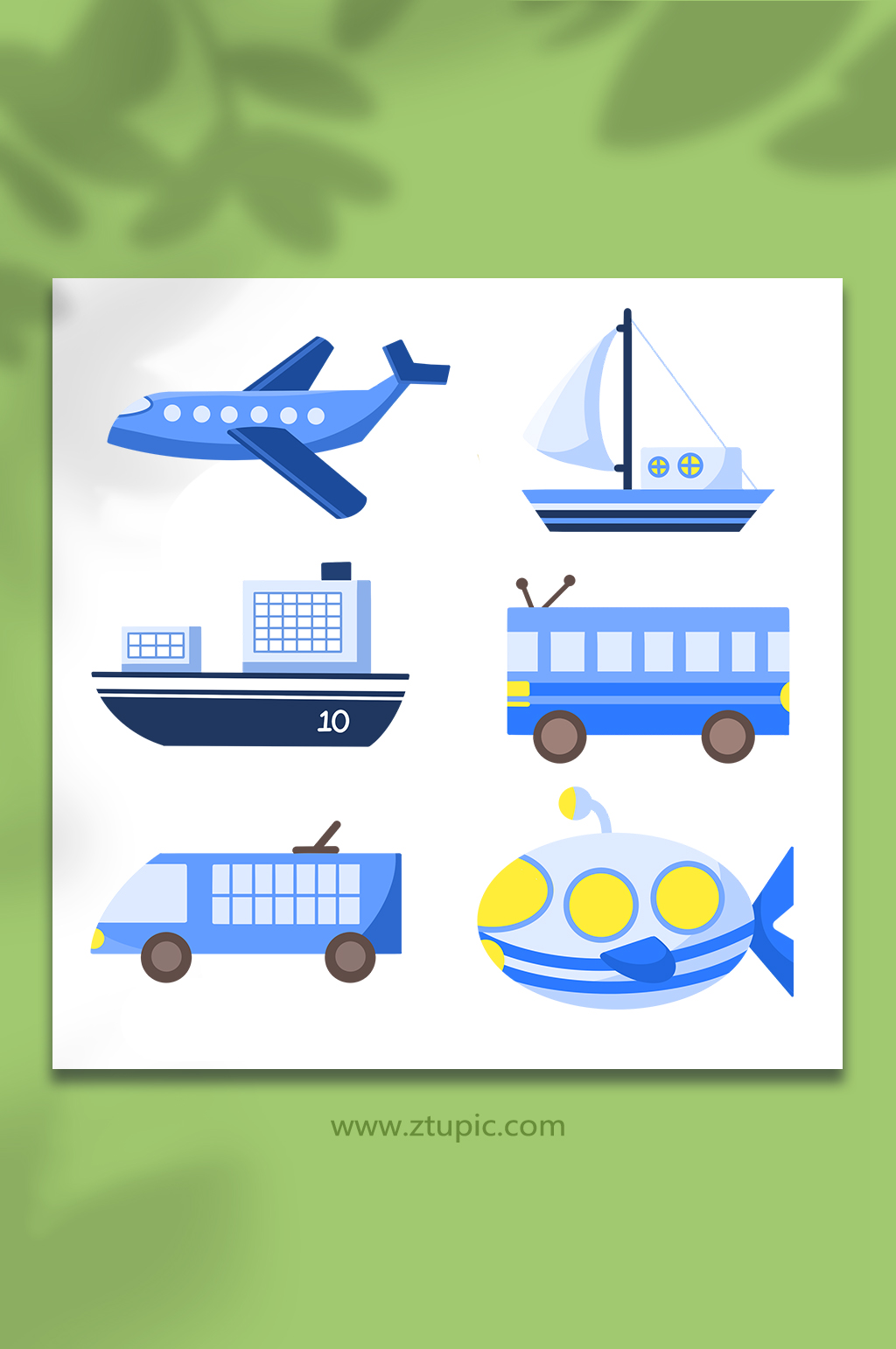飞机潜水艇帆船海陆空交通工具元素插画