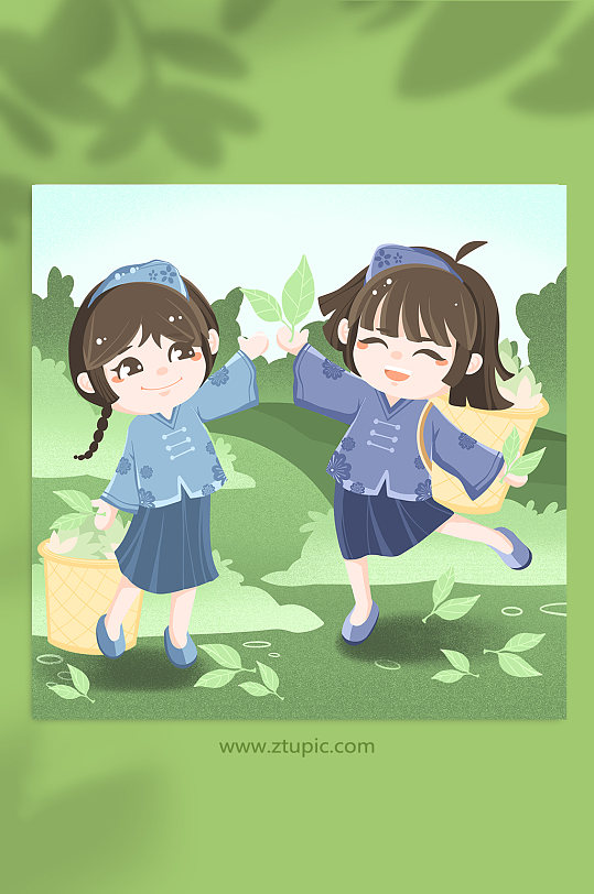 采茶姑娘开心采茶茶叶人物插画