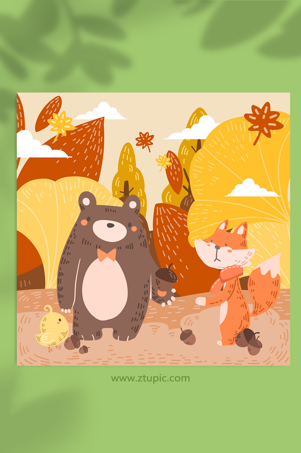 棕熊狐狸小鸡银杏叶丰收秋天秋季动物插画