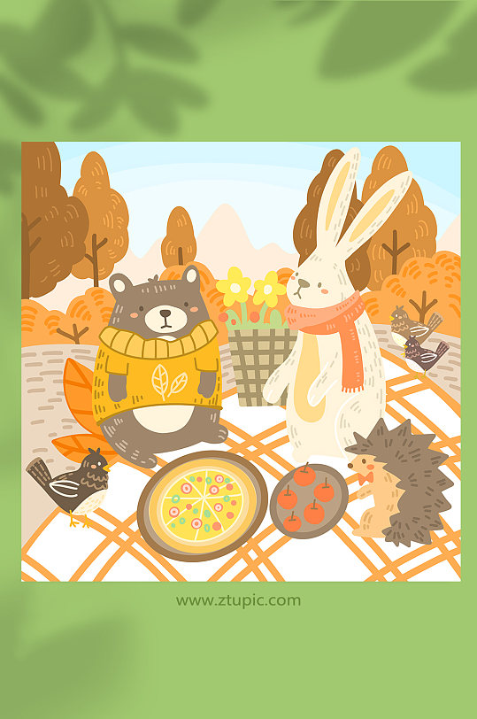 棕熊兔子刺猬喜鹊秋游野餐秋季动物插画