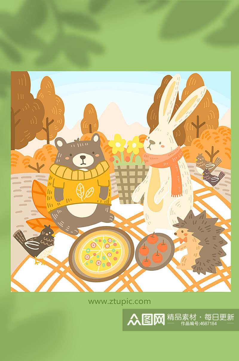 棕熊兔子刺猬喜鹊秋游野餐秋季动物插画素材