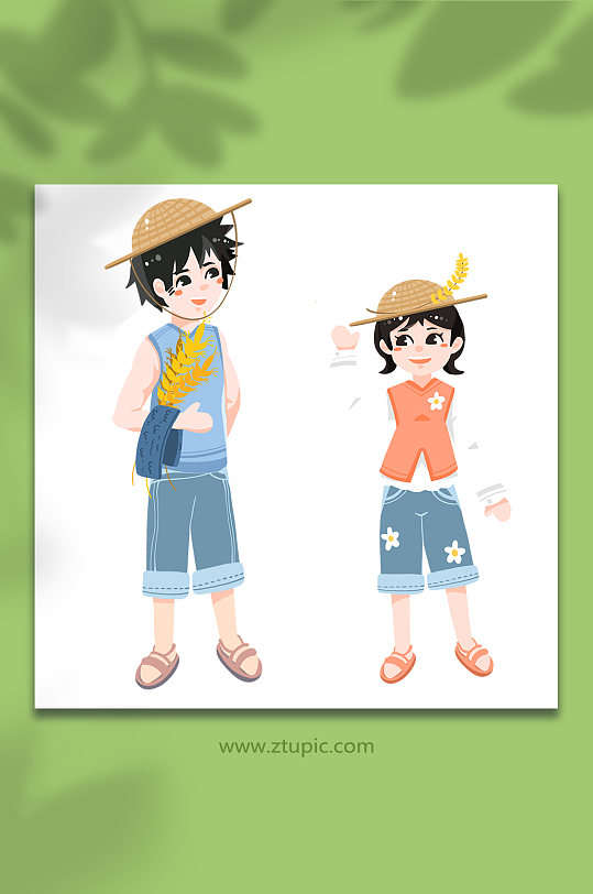 农民情侣种田丰收戴草帽人物插画元素