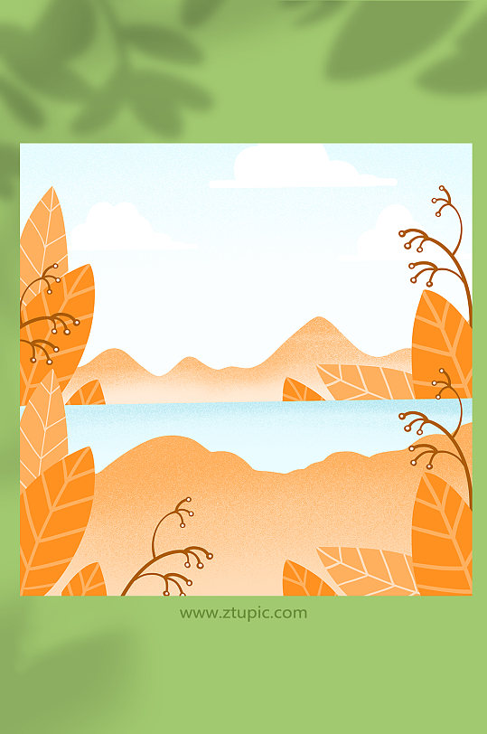 秋季湖泊秋天卡通植物元素背景