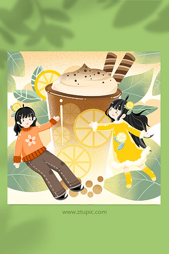 卡通女孩柠檬巧克力秋季奶茶果茶人物插画