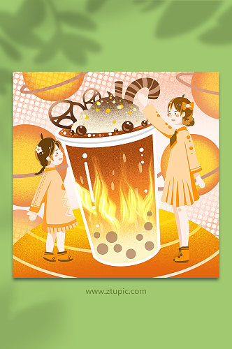 奶茶宇宙饼干女孩卡通秋季奶茶果茶人物插画