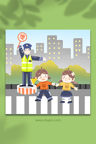 儿童过马路指挥交通交警人物交通插画