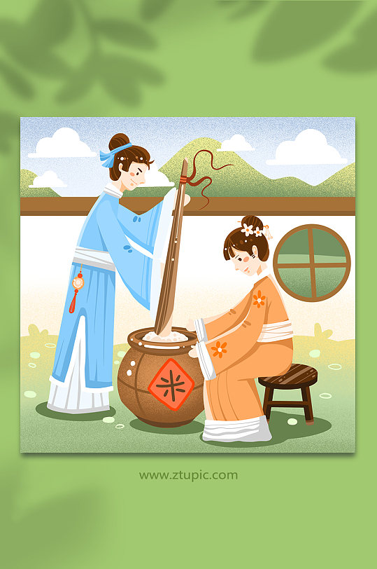 扁平捣米做年糕古代传统美食手工艺人物插画