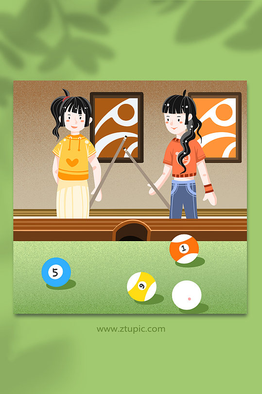 花球卡通女孩打桌球台球人物插画