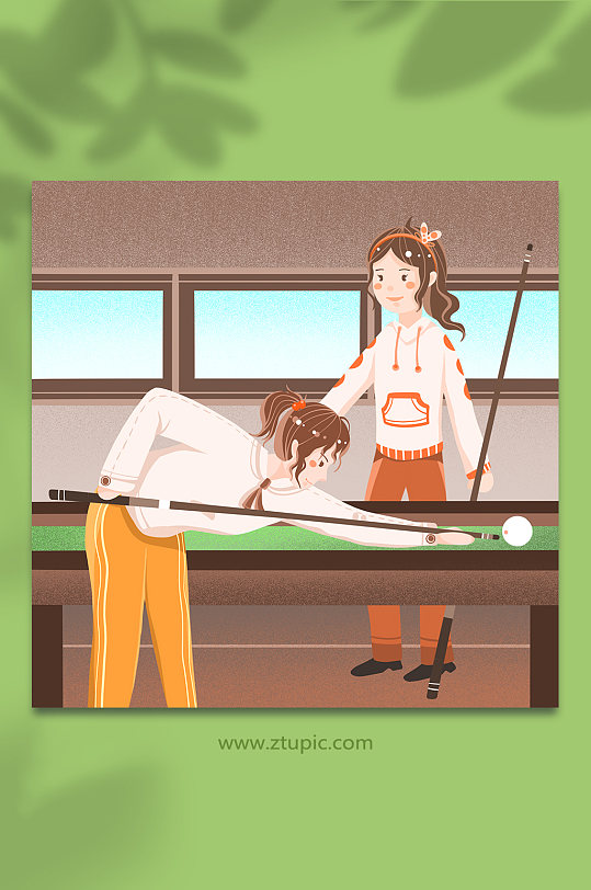 卡通女孩打桌球比赛休闲台球人物插画