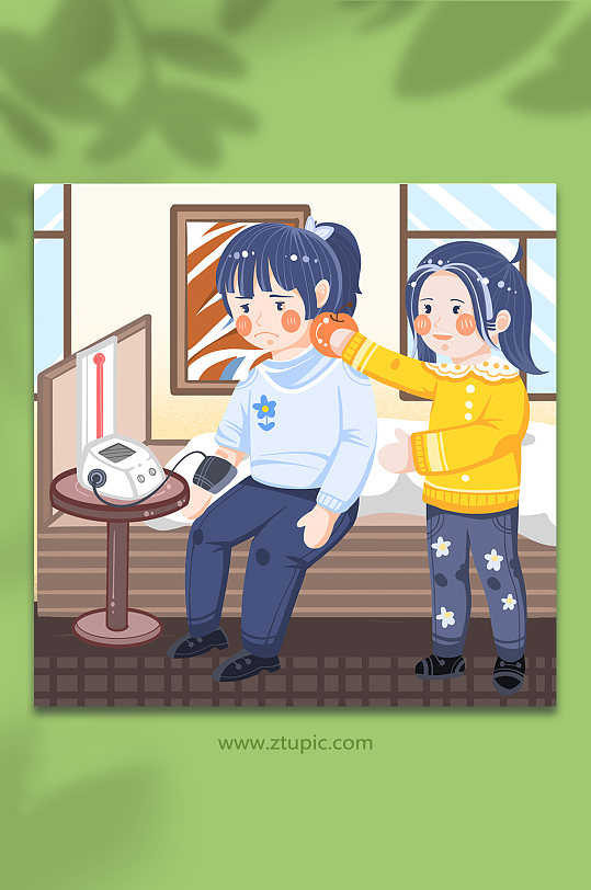 卡通量血压女孩防治高血压人物插画-众图网