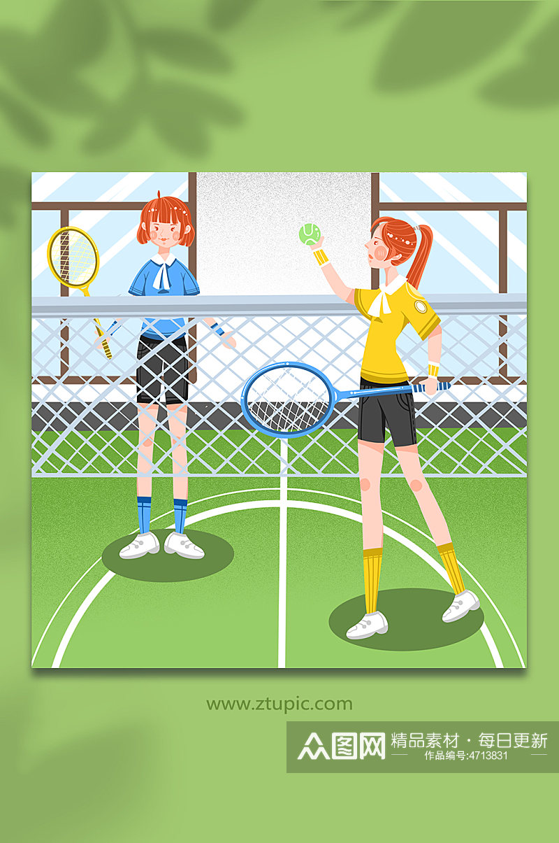 阳光运动少女体育馆打网球运动人物插画素材