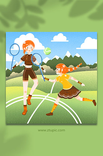 女孩草地郊外休闲运动网球运动人物插画
