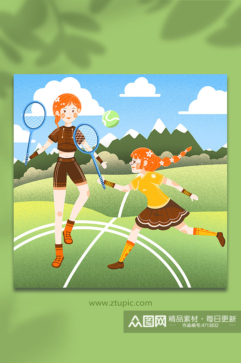 女孩草地郊外休闲运动网球运动人物插画素材