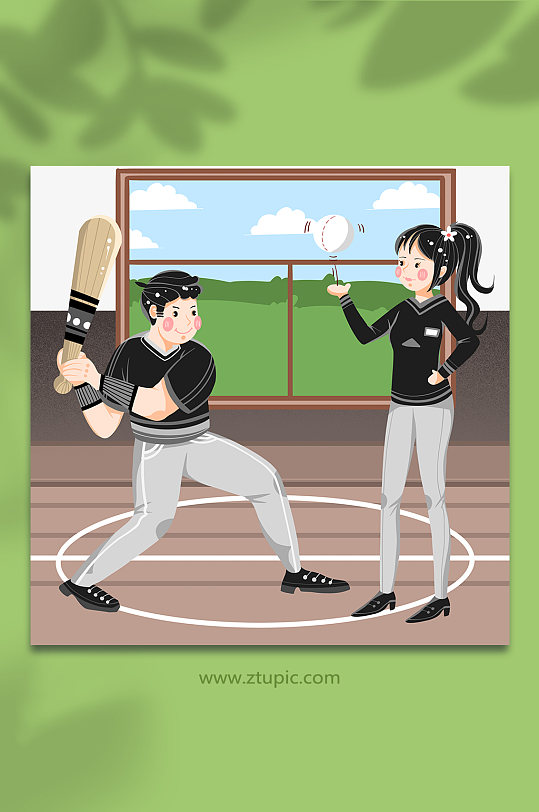 阳光男孩女孩打球球童棒球运动人物插画