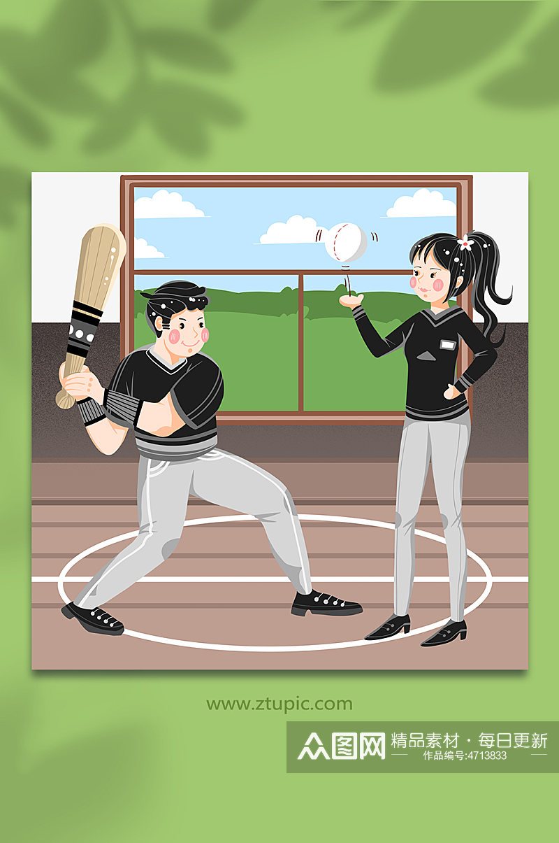 阳光男孩女孩打球球童棒球运动人物插画素材