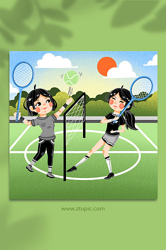 卡通女孩室外运动打球网球运动人物插画