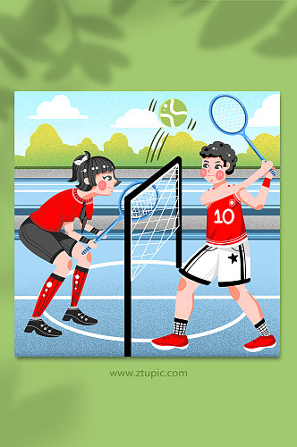 卡通室外运动打球情侣网球运动人物插画
